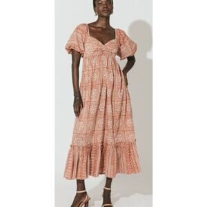 Cleobella Joely Midi Dress Organic Cotton Paisley Puff Sleeve Boho Terracotta L